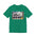Green t-shirt with a graphic of a boombox and cassette tape on a white background