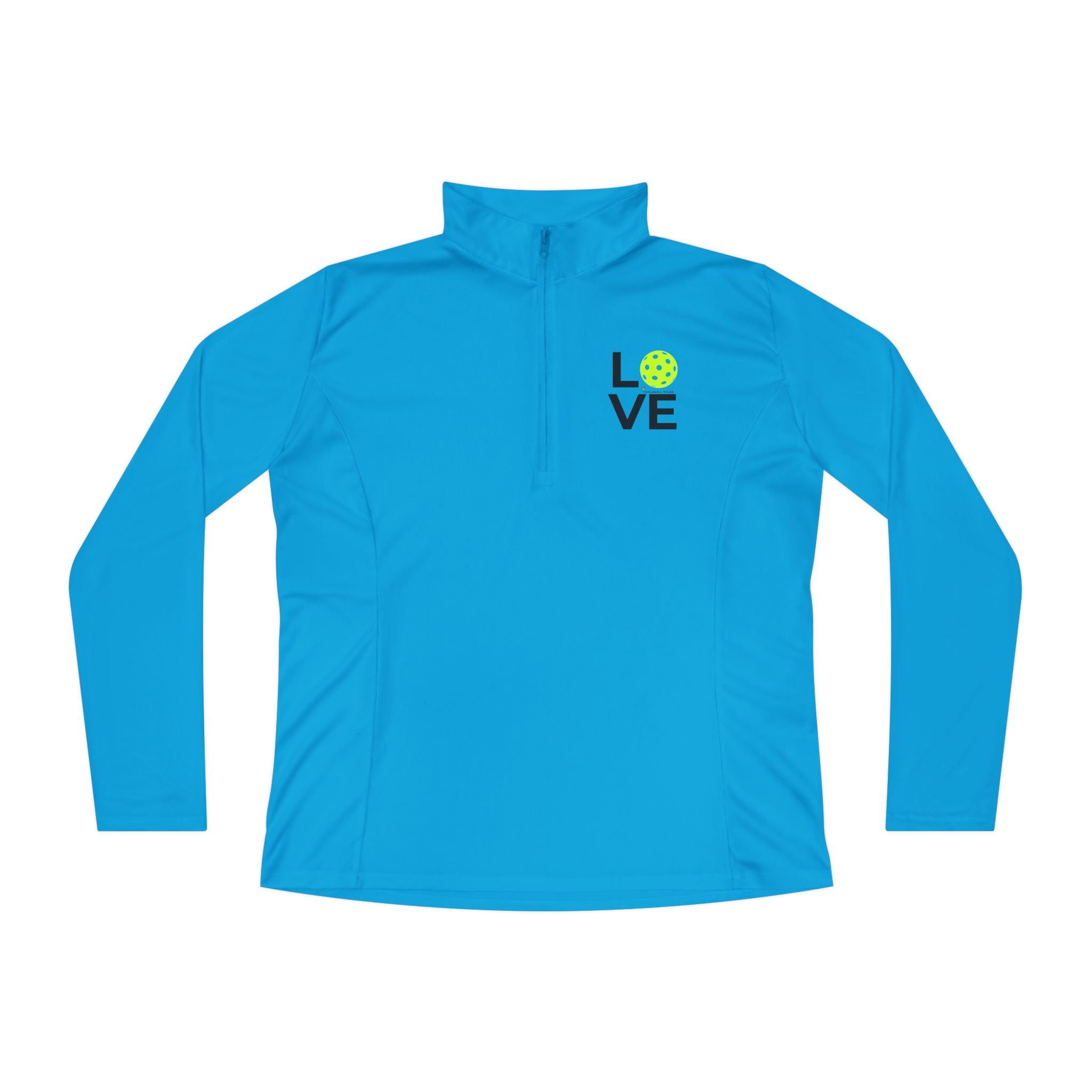 Blue long-sleeve shirt with 'LOVE' graphic on a white background