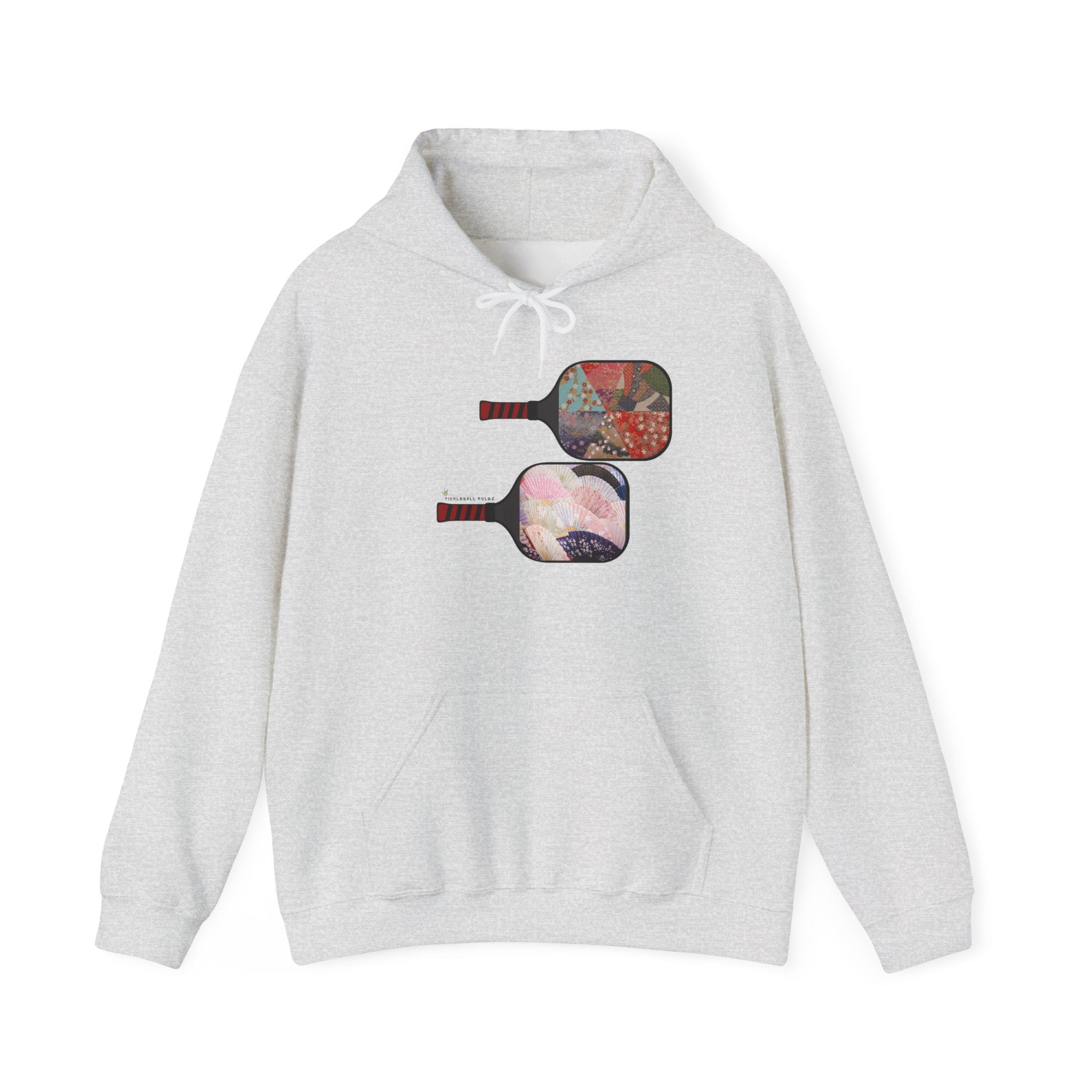 Gray hoodie with colorful paddle design on a white background