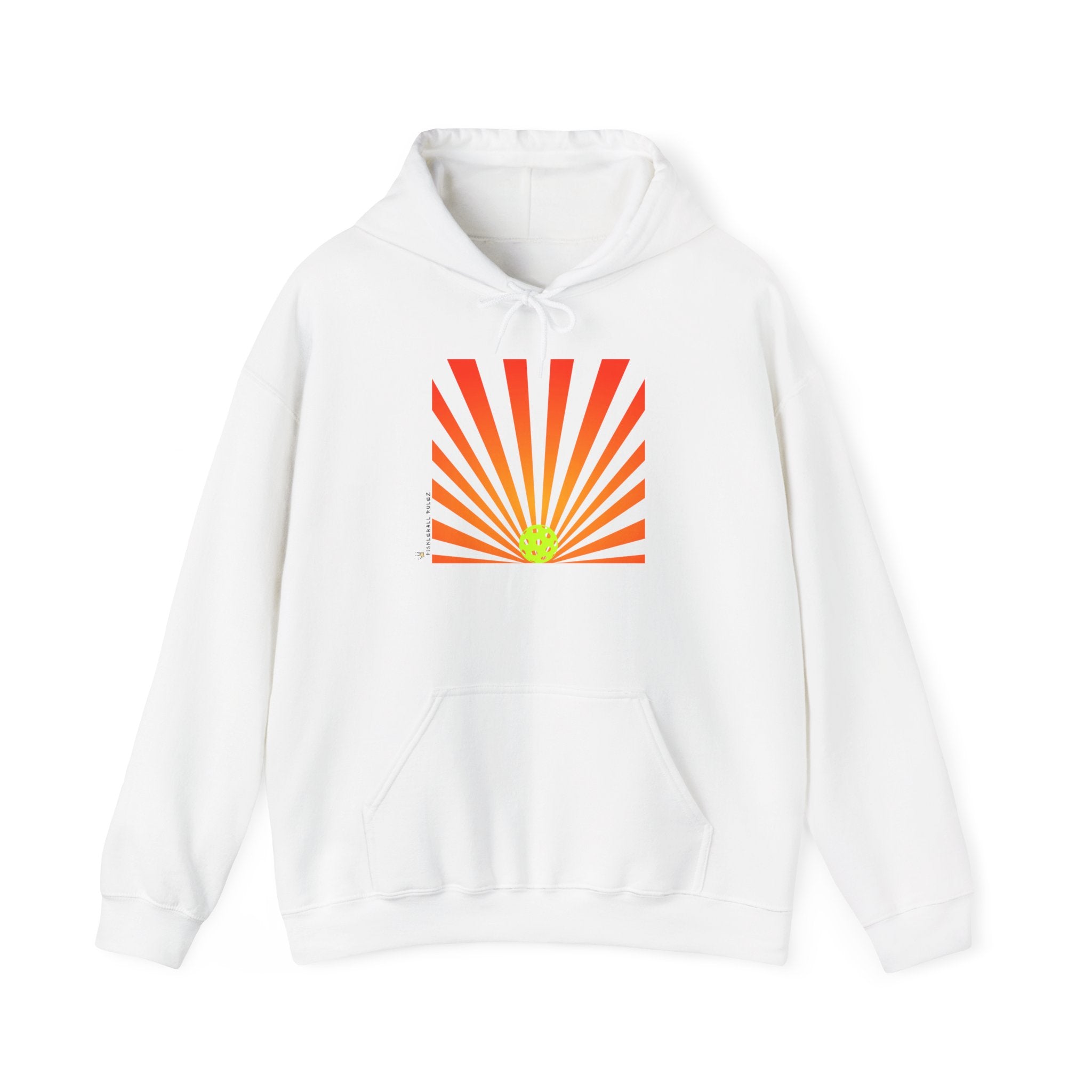 White hoodie with orange and green sunburst design on a white background