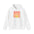 White hoodie with orange and green sunburst design on a white background