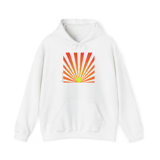 White hoodie with orange and green sunburst design on a white background