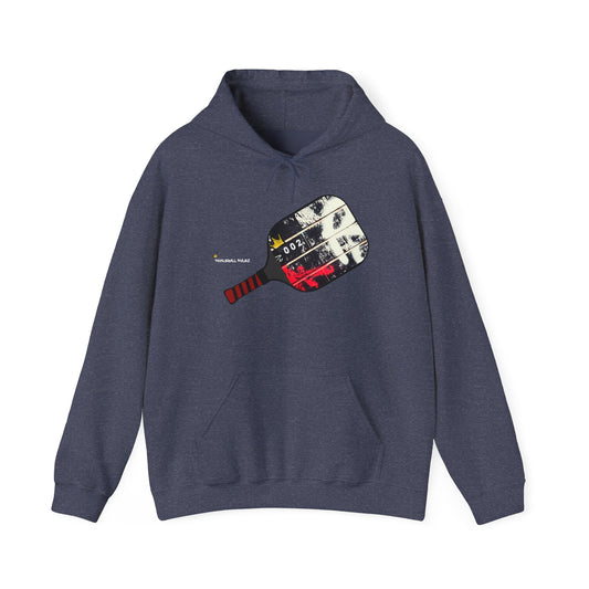 Gray hoodie with pickleball paddle design on a white background