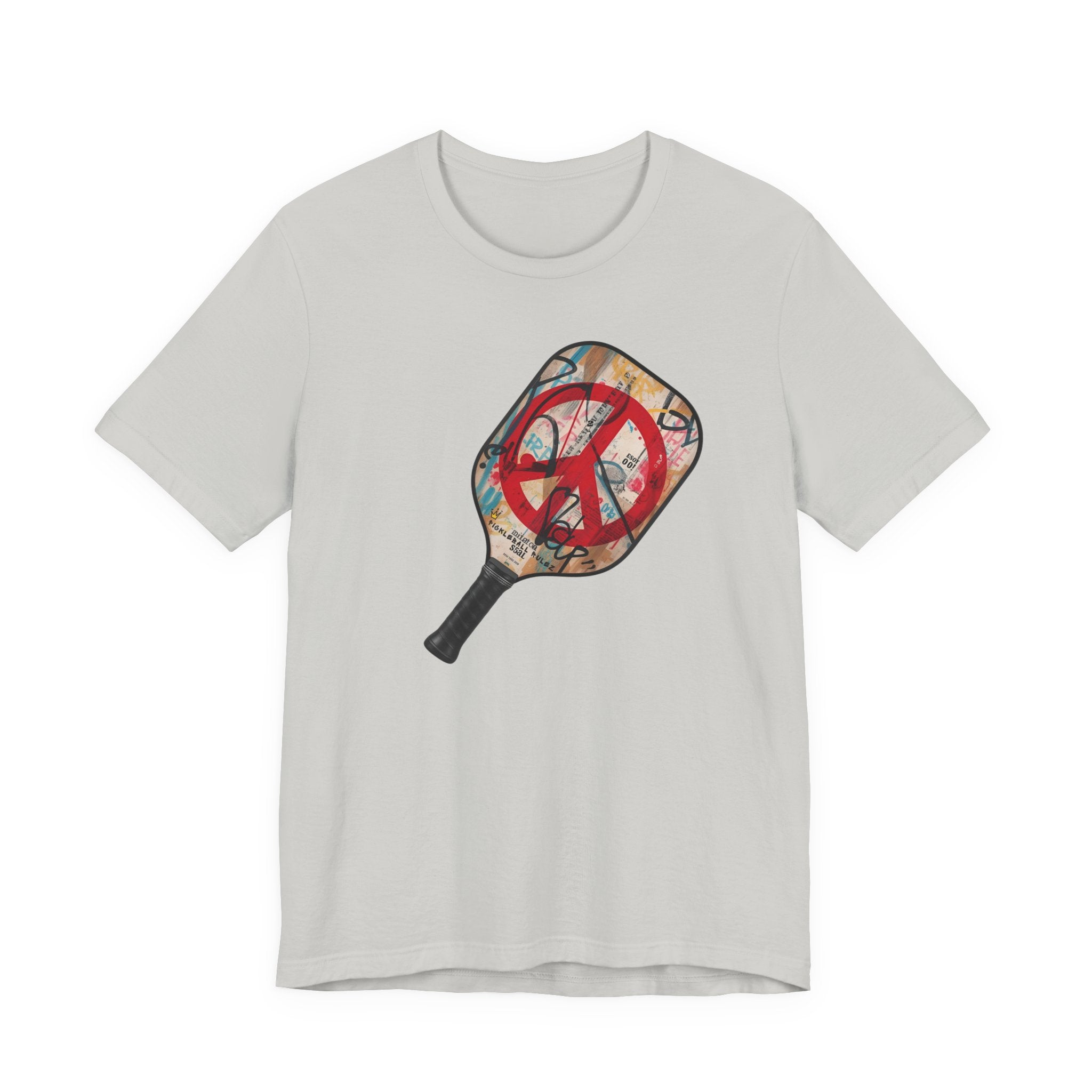 White t-shirt with a graphic of a paddle with a peace sign on a white background