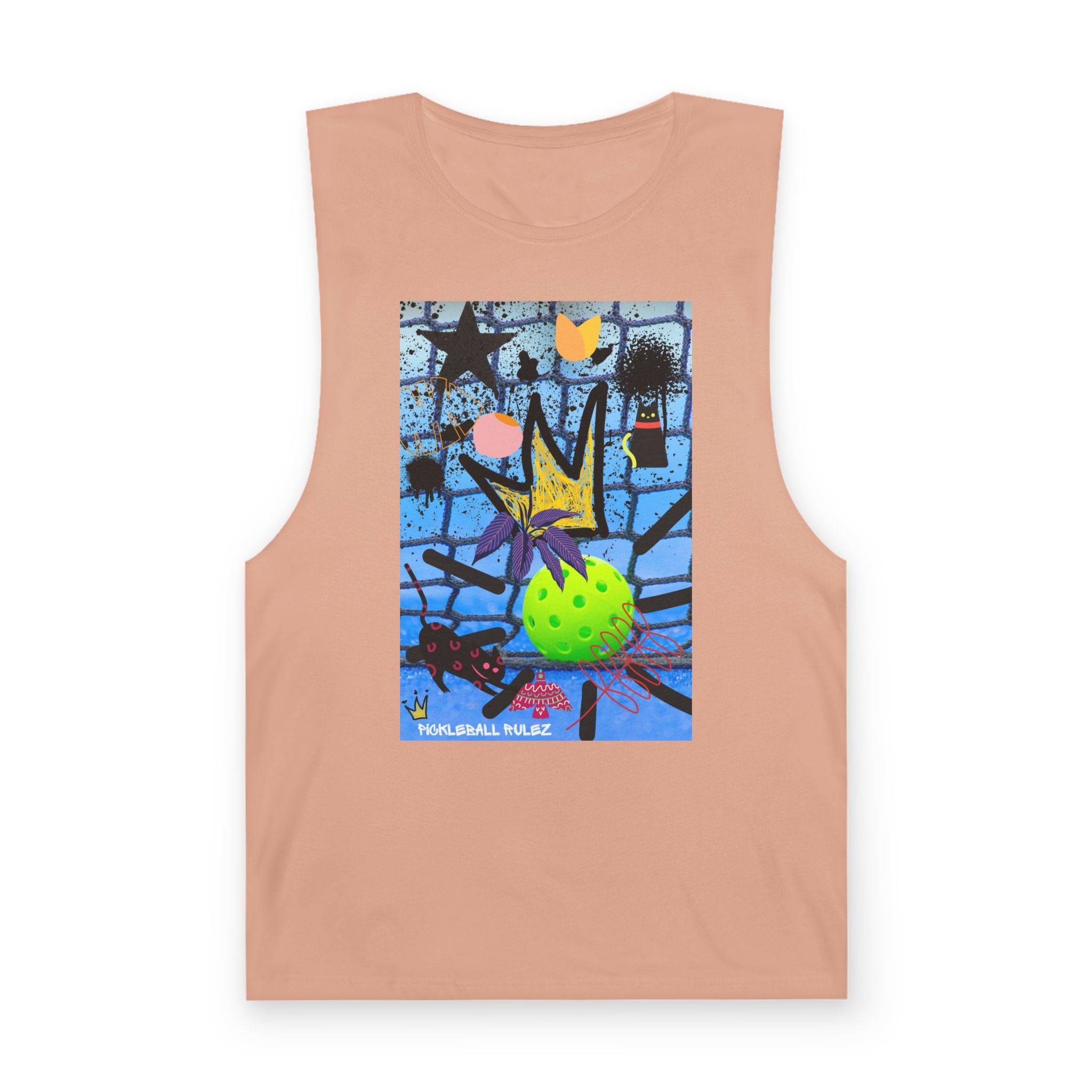 Sleeveless shirt with a colorful design on a white background