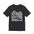 Black t-shirt with white graphic design on a white background