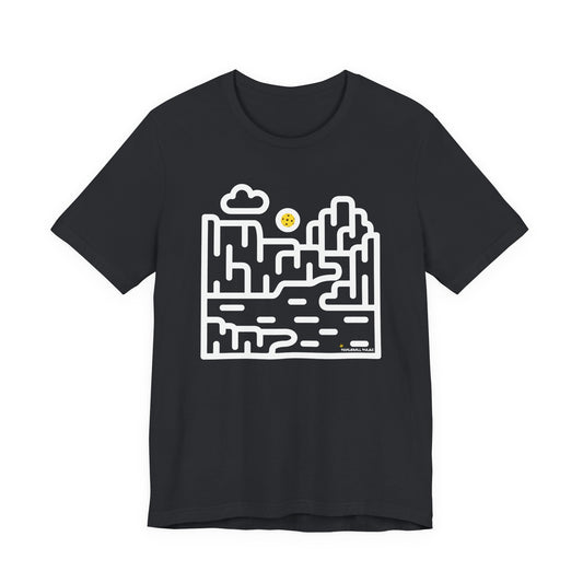 Black t-shirt with white graphic design on a white background