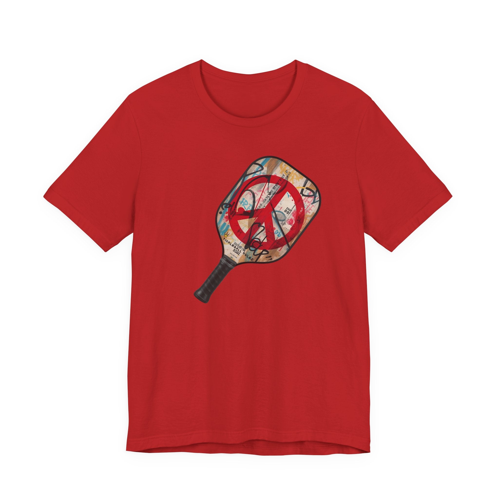 Red t-shirt with a graphic of a paddle and peace symbol on a white background
