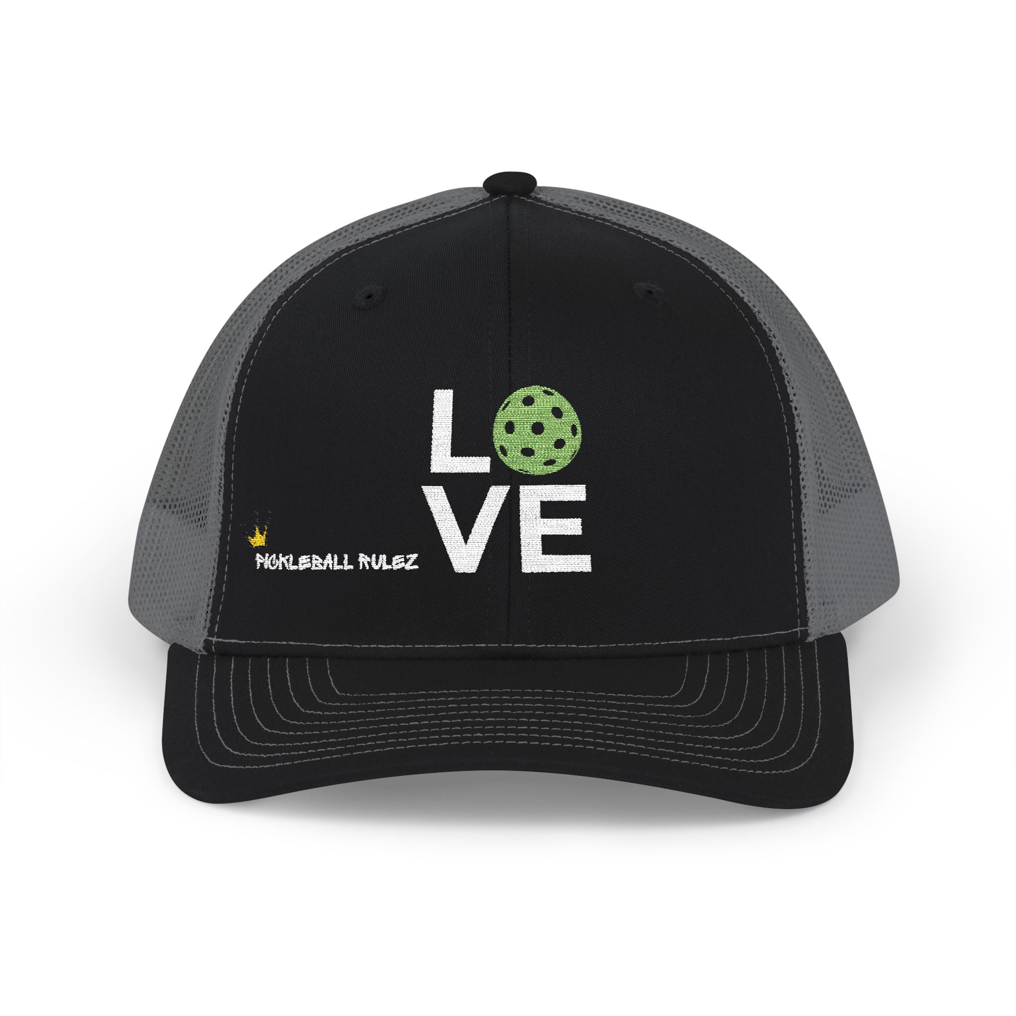 Black and gray cap with 'LOVE' and pickleball design on a white background