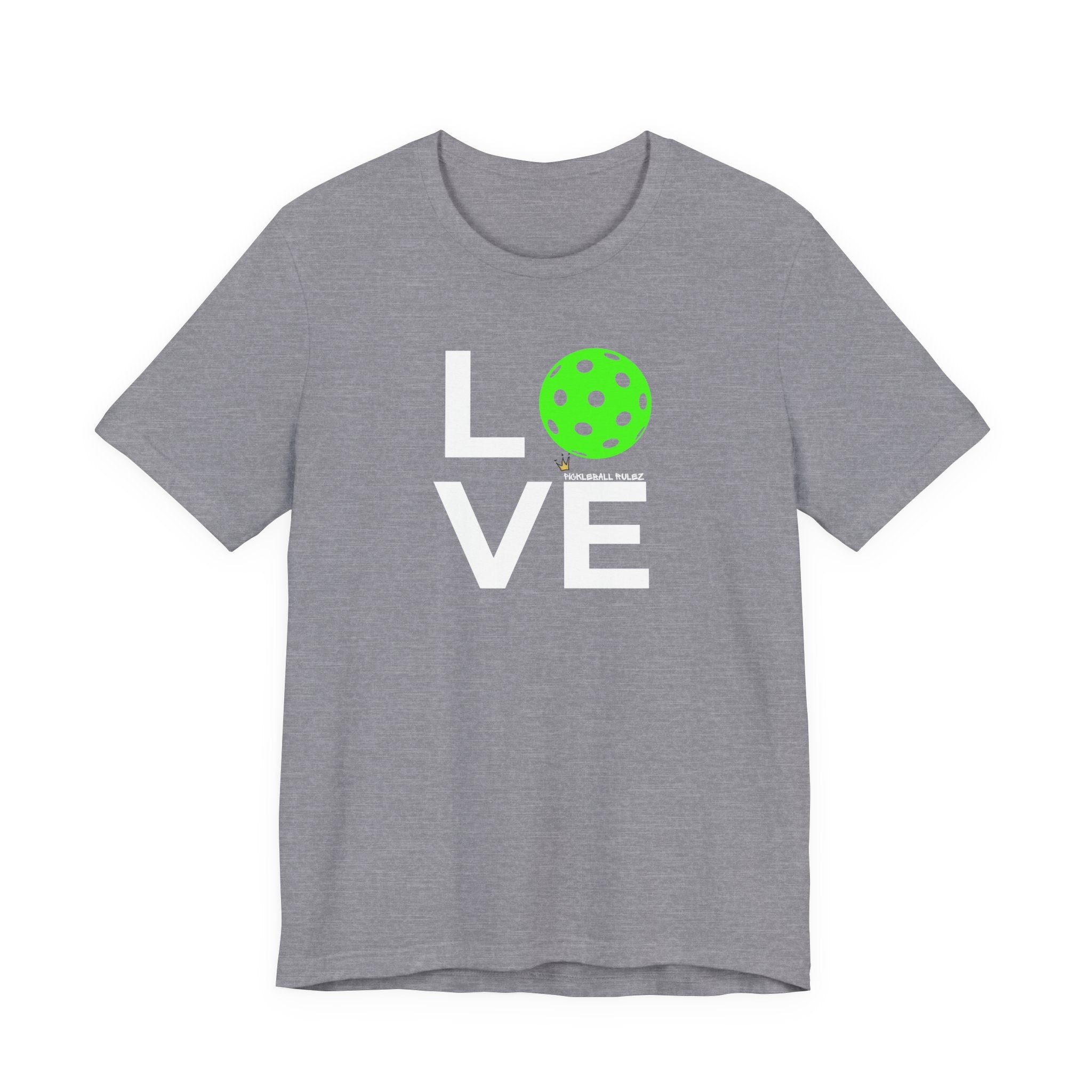 Gray t-shirt with 'LOVE' and green graphic on a white background
