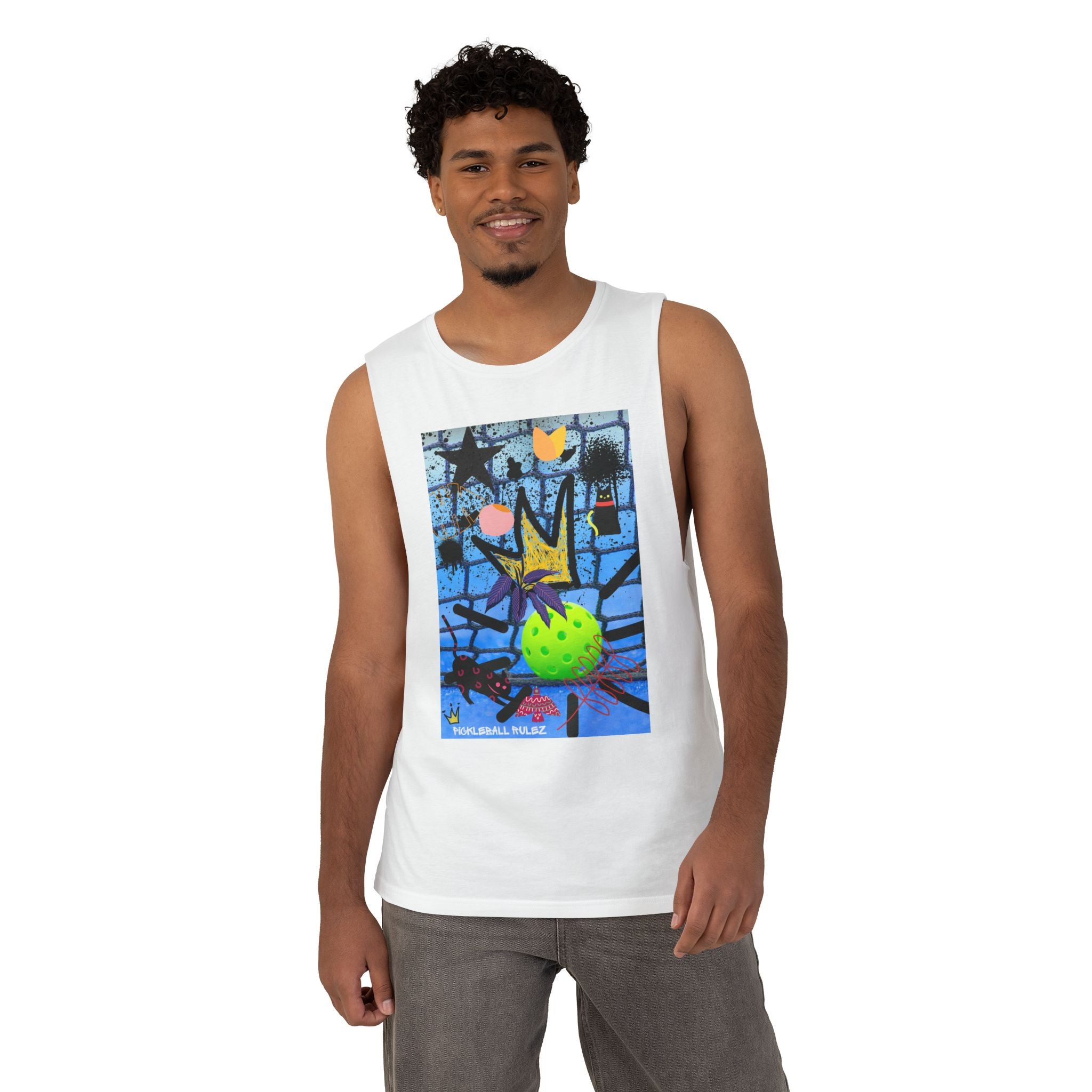 Man wearing a white tank top with a colorful graphic design on a white background