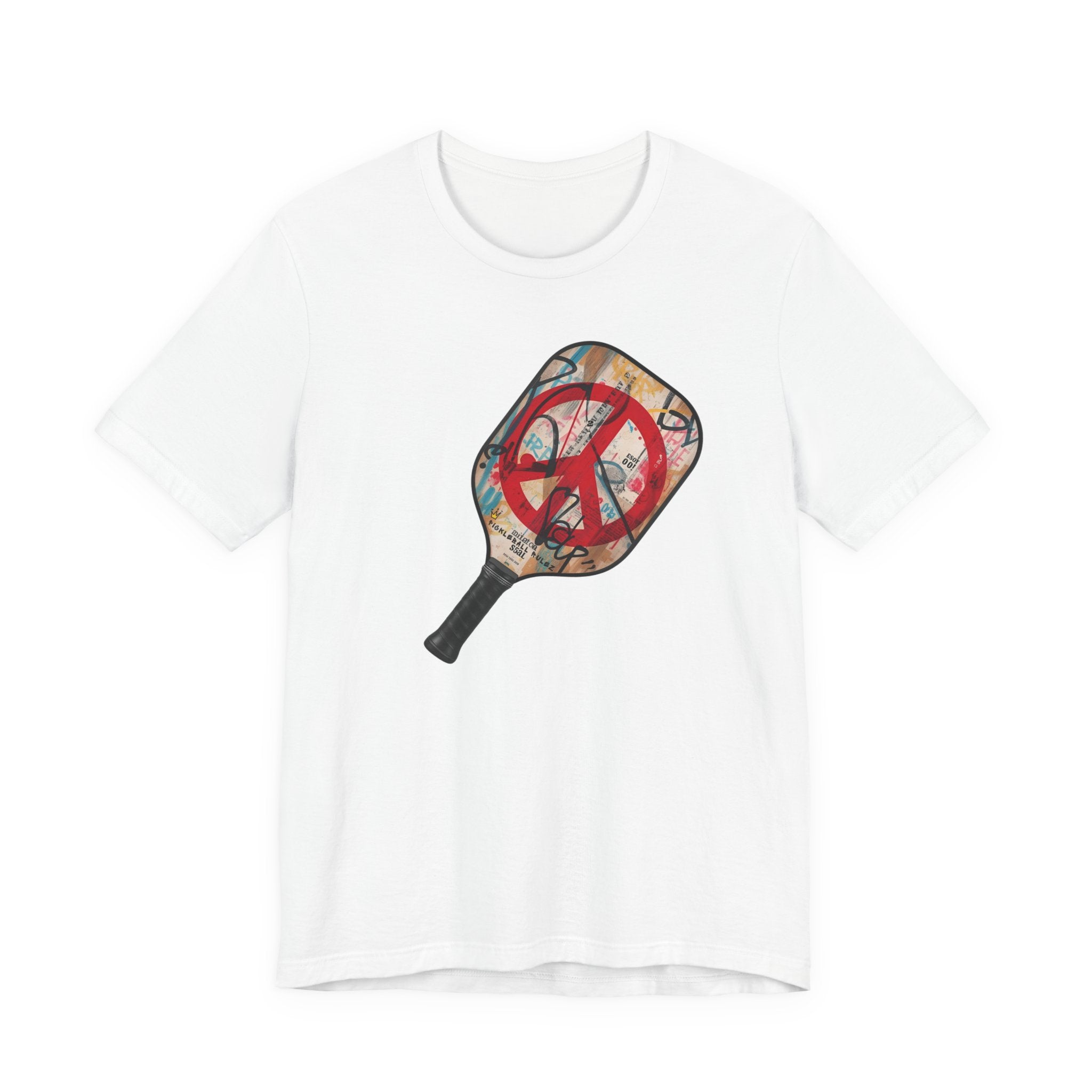 White t-shirt with a colorful paddle graphic on a white background