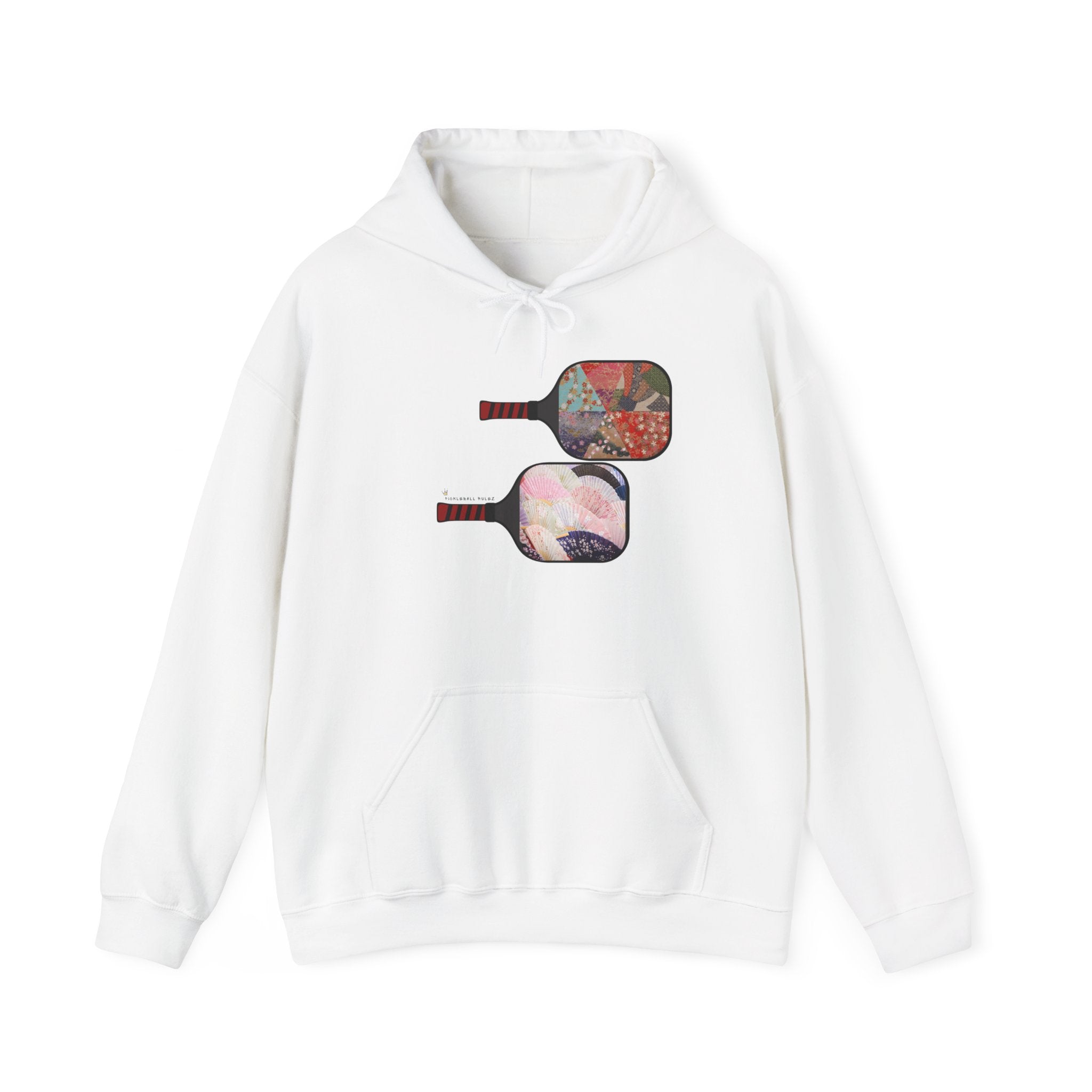 White hoodie with colorful pickleball paddle design on a white background