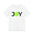 White t-shirt with 'JOY' printed in black and green on a white background
