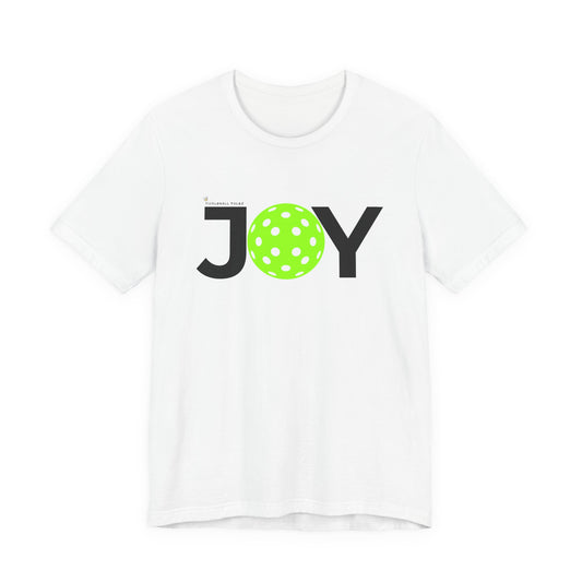 White t-shirt with 'JOY' printed in black and green on a white background