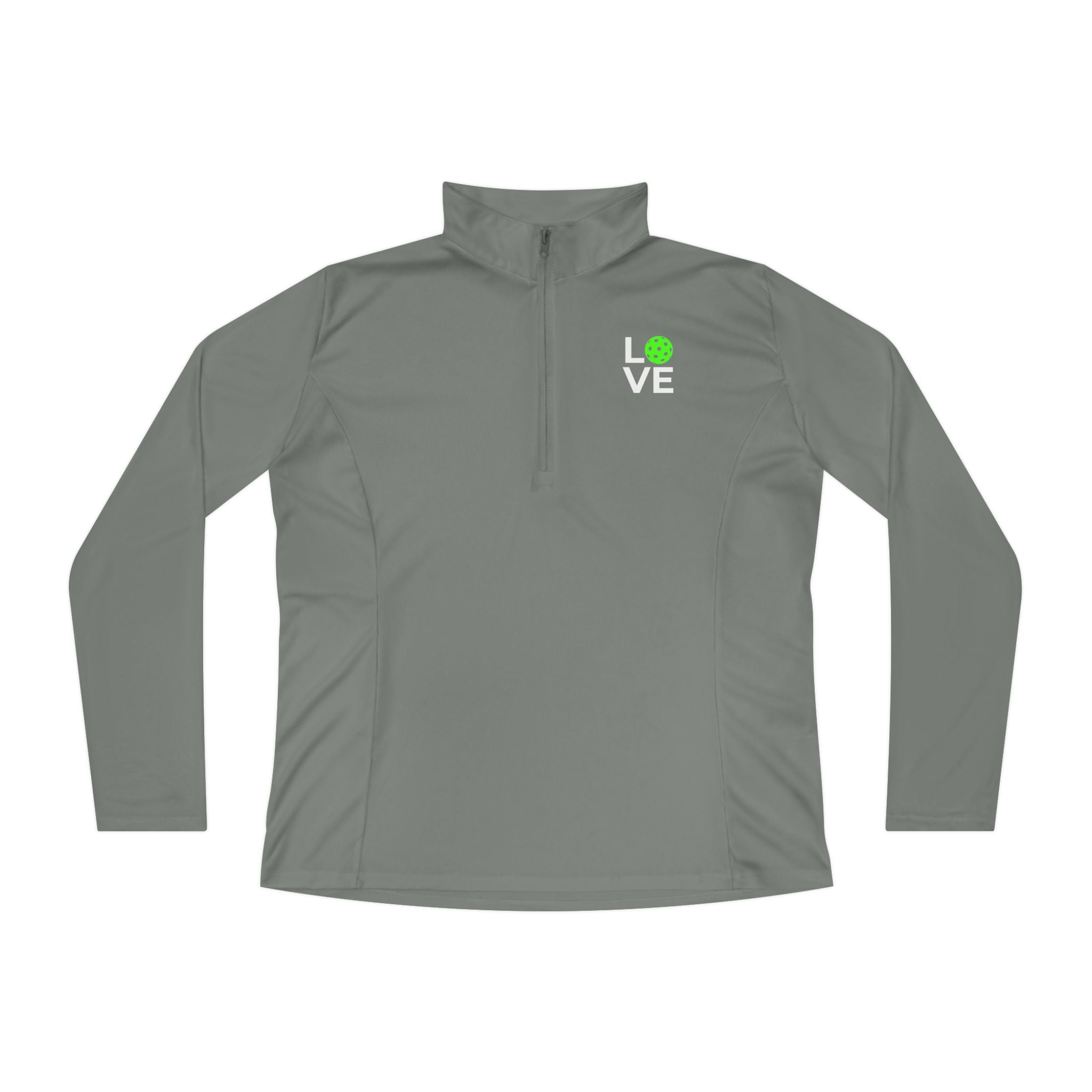 Gray long-sleeve shirt with a green logo on a white background