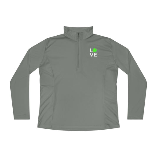 Gray long-sleeve shirt with a green logo on a white background