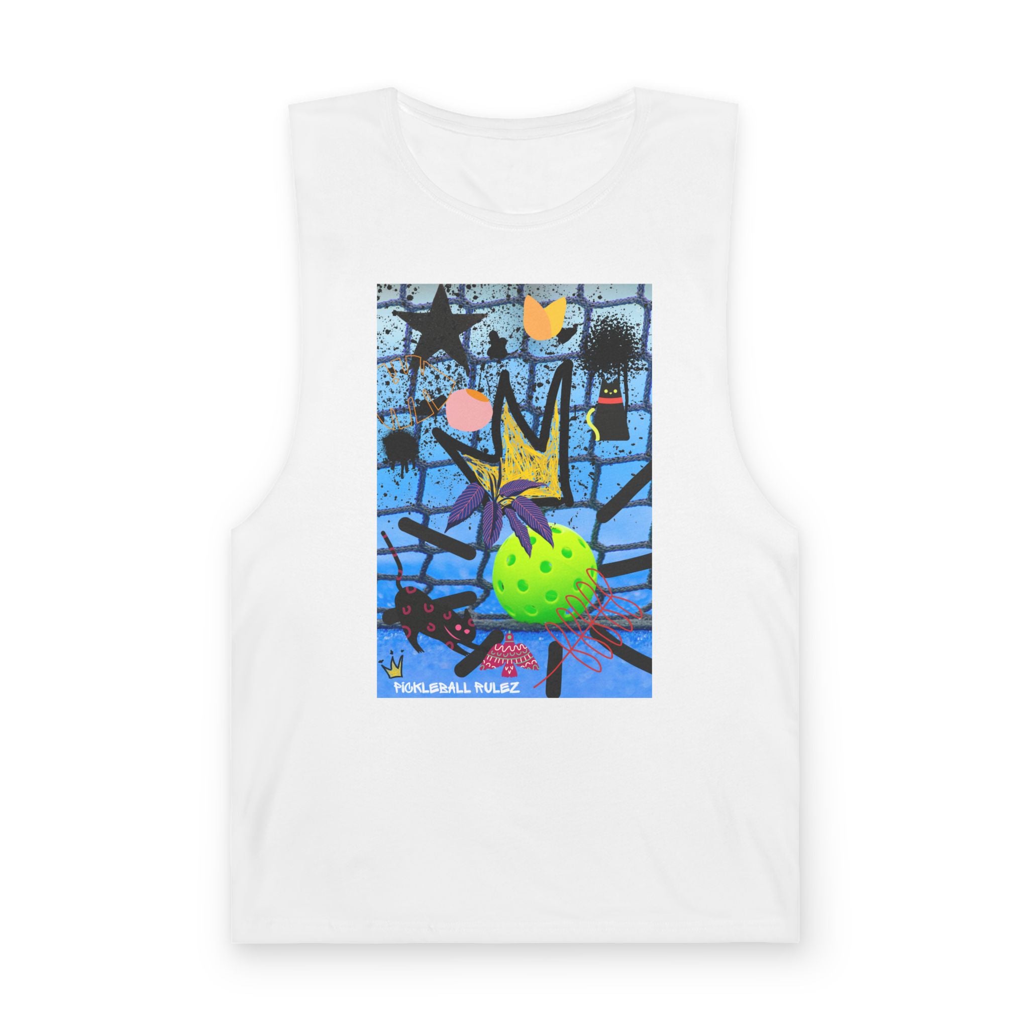 White sleeveless shirt with a colorful graphic design on a white background