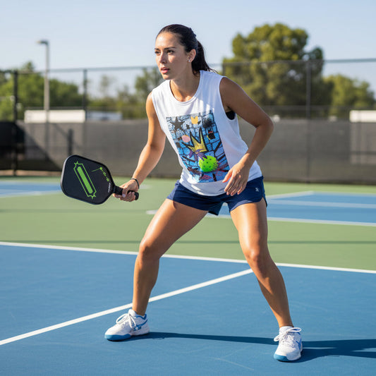 A female pickleball player in an athletic stance wears a white sleeveless shirt with a colorful graphic design on a white background