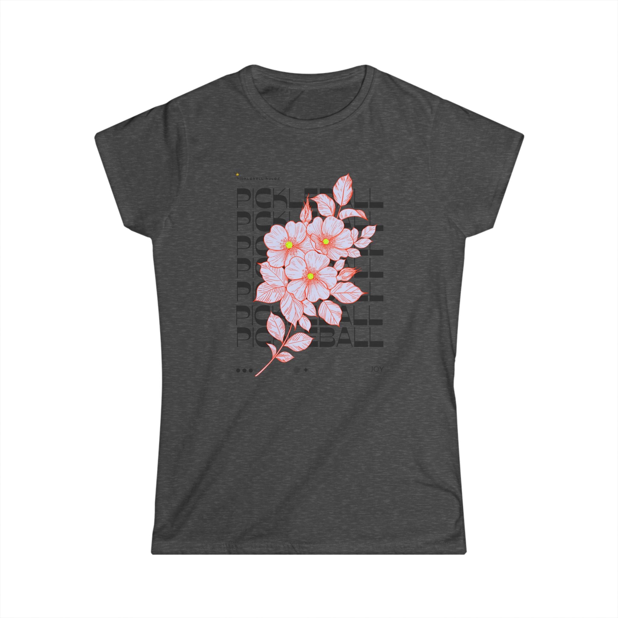 Dark gray t-shirt with a floral design and text on a white background