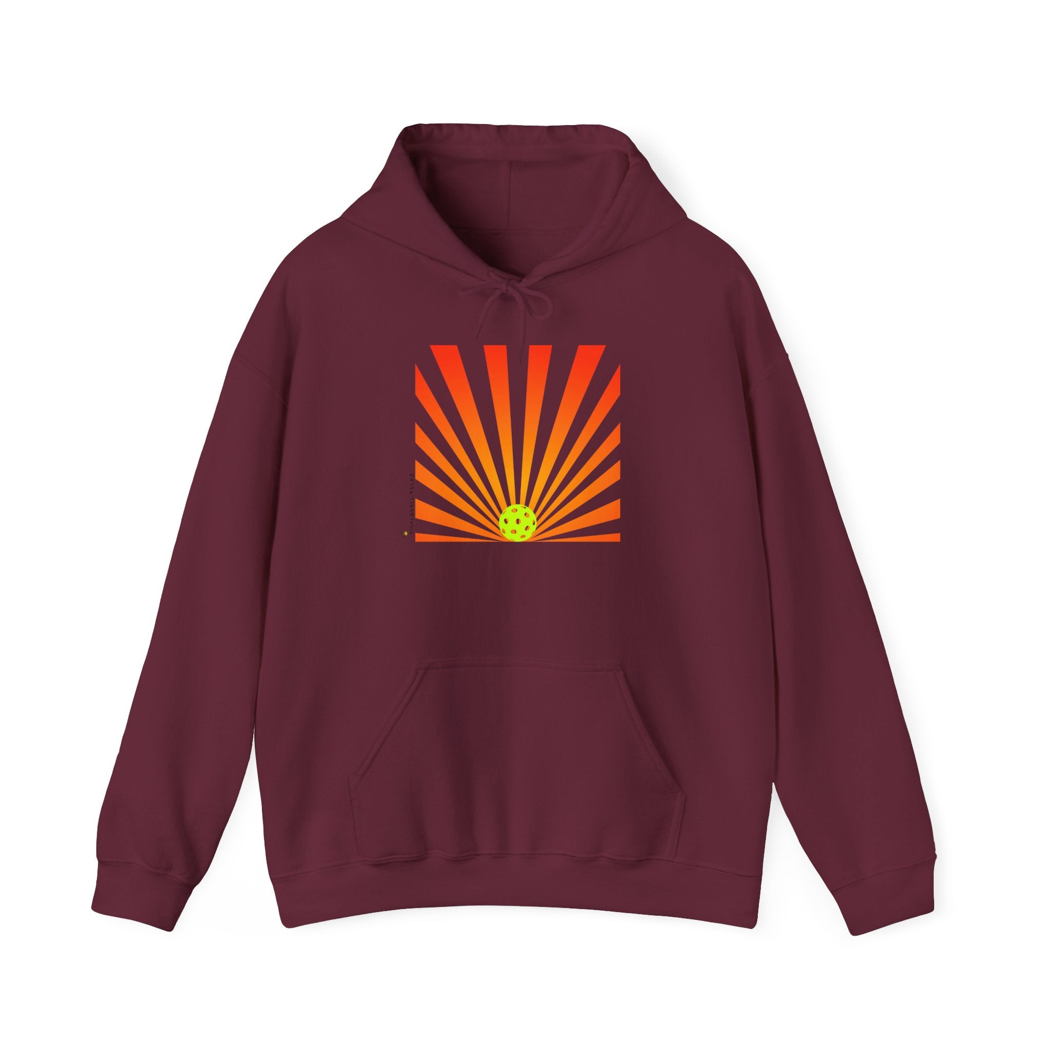 Maroon hoodie with orange sunburst design on a white background