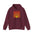 Maroon hoodie with orange sunburst design on a white background