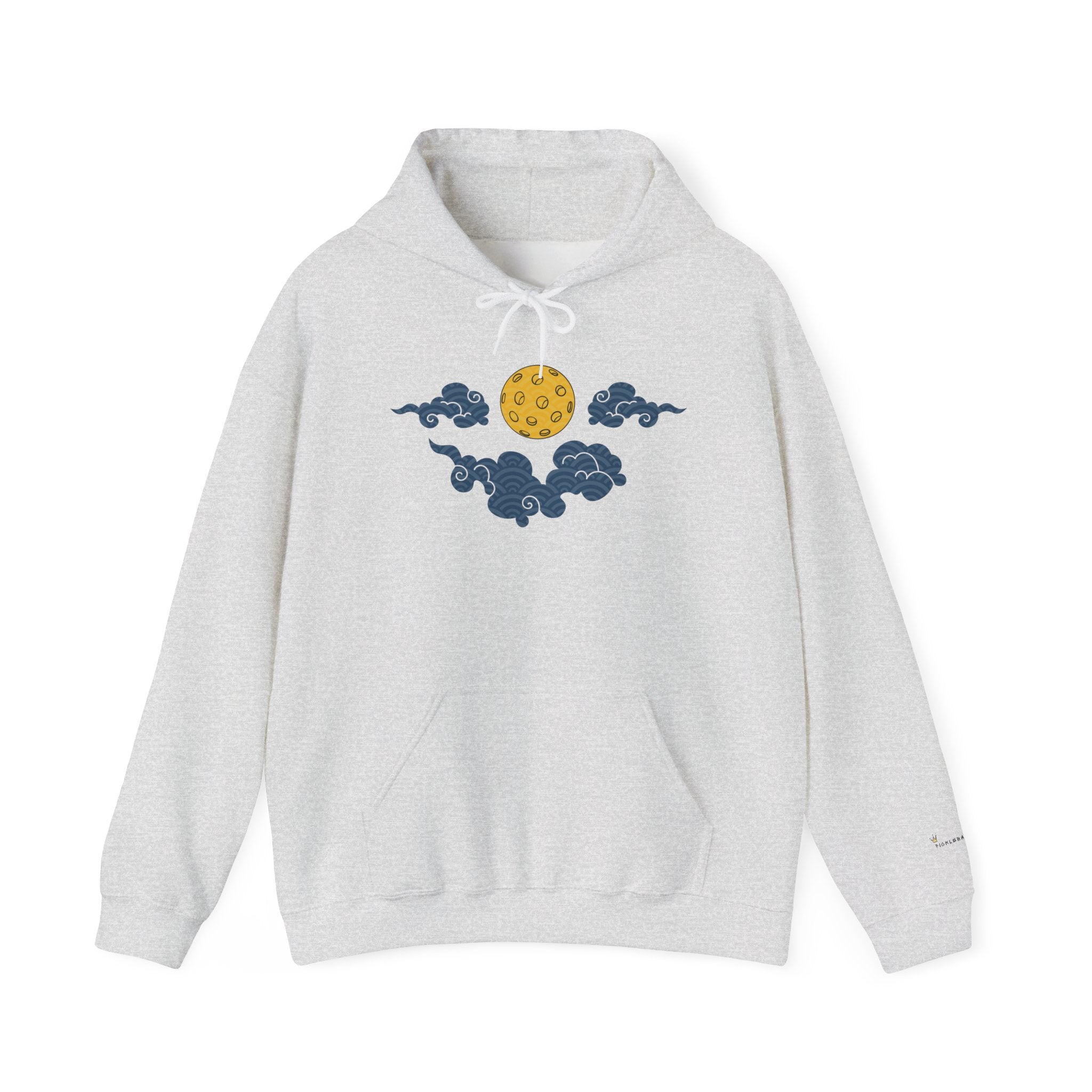 Gray hoodie with a moon and cloud design on a white background