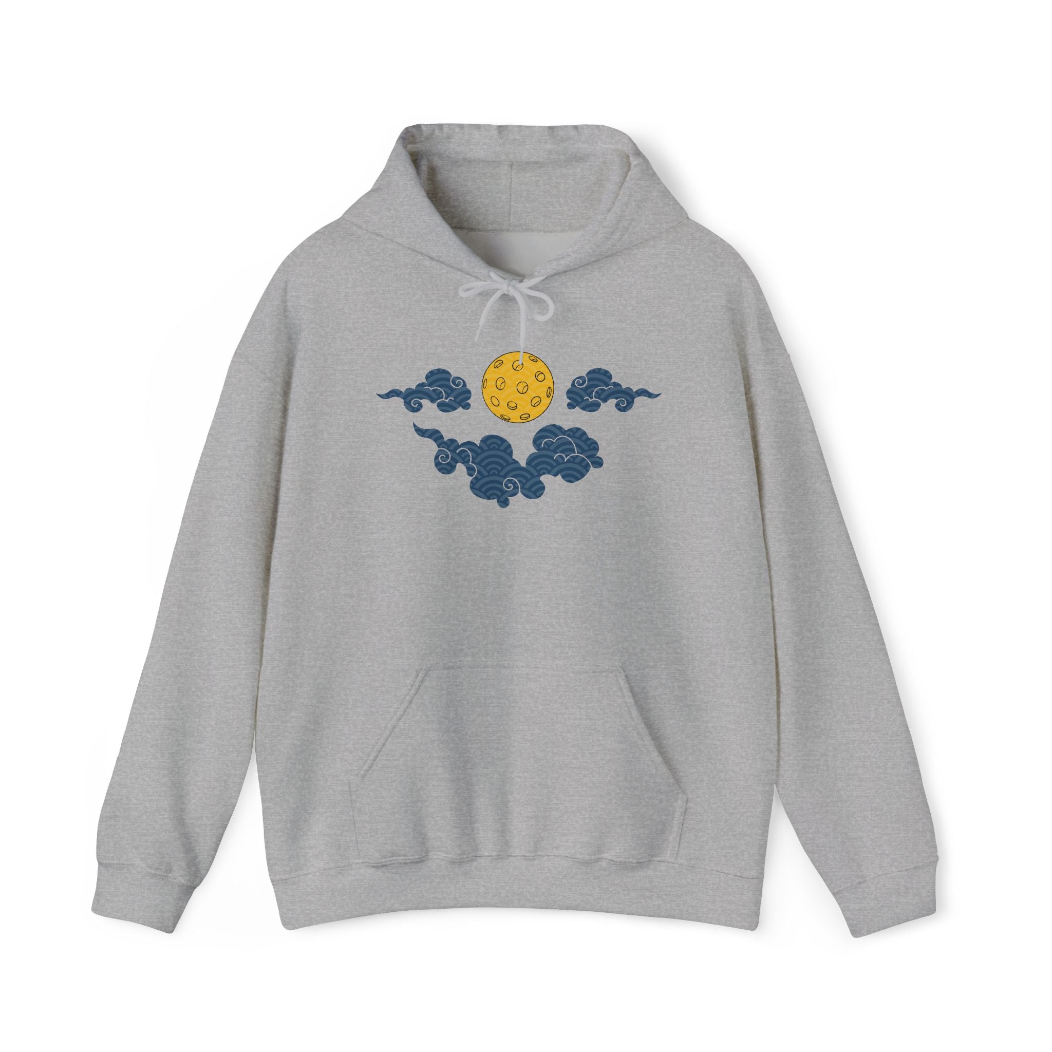 Gray hoodie with a sun and cloud design on a white background