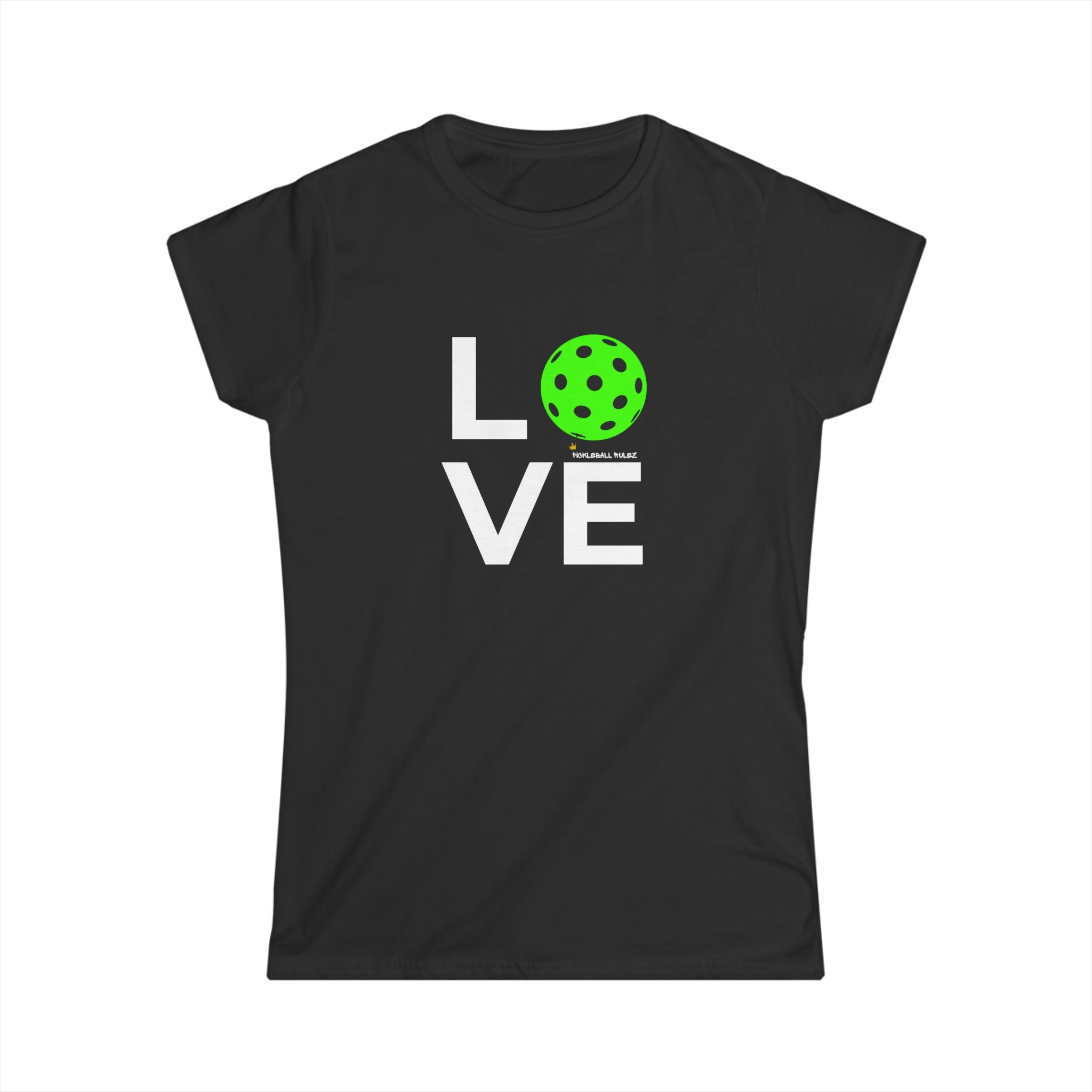 Black t-shirt with 'LOVE' and green graphic on a white background