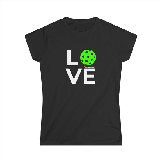 Black t-shirt with 'LOVE' and green graphic on a white background