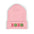 Pink beanie with 'XOXO' and cookie designs on a white background