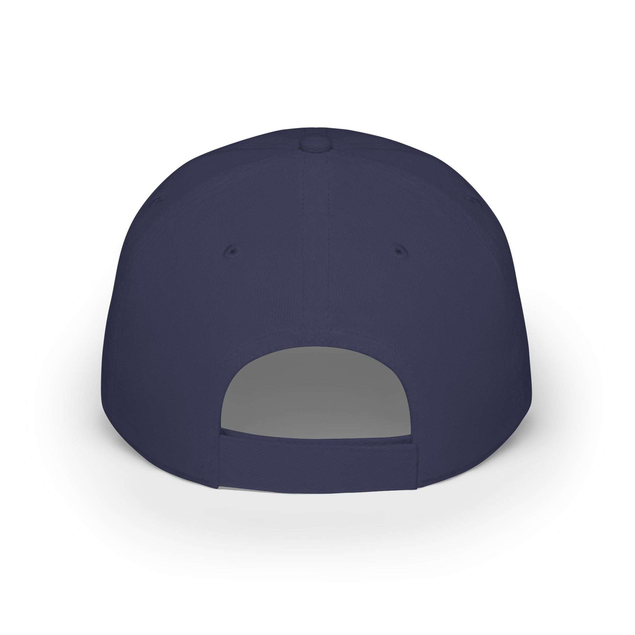 Navy blue baseball cap with a gray patch on a white background