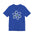 Blue t-shirt with an atom design on a white background