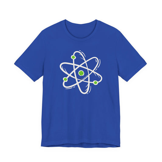 Blue t-shirt with an atom design on a white background
