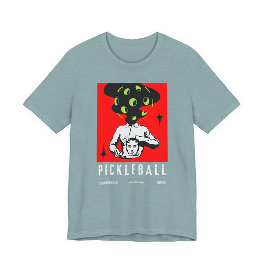 Gray t-shirt with pickleball graphic design on a white background