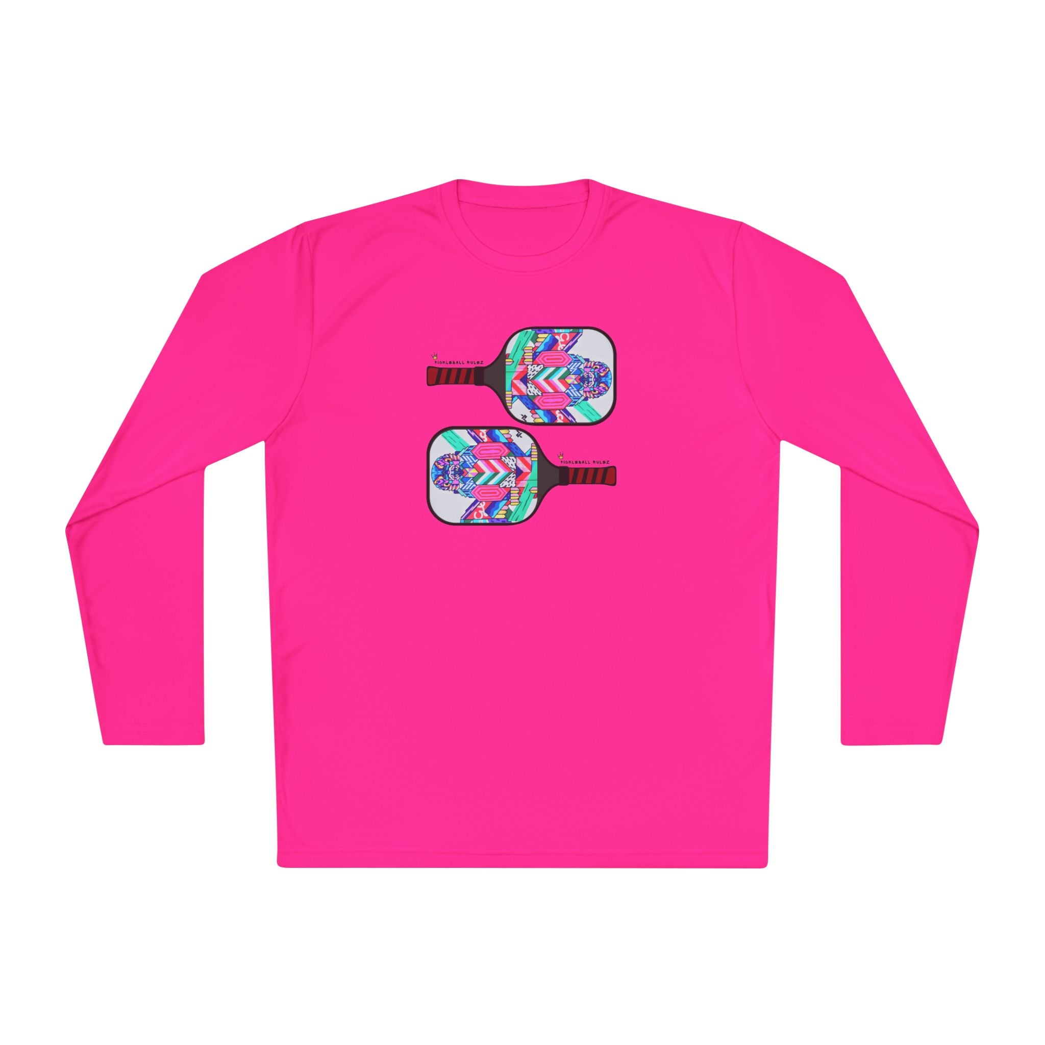 Pink long-sleeve shirt with colorful pickleball paddle design on a white background