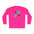 Pink long-sleeve shirt with colorful pickleball paddle design on a white background