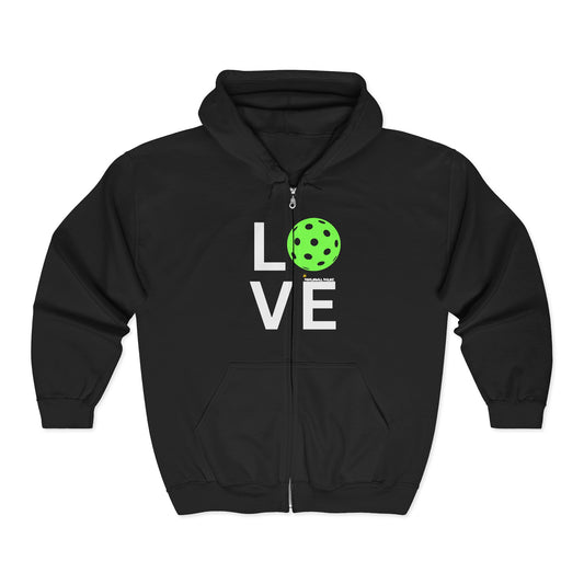 Black hoodie with 'LOVE' and a green pickleball ball graphic on a white background