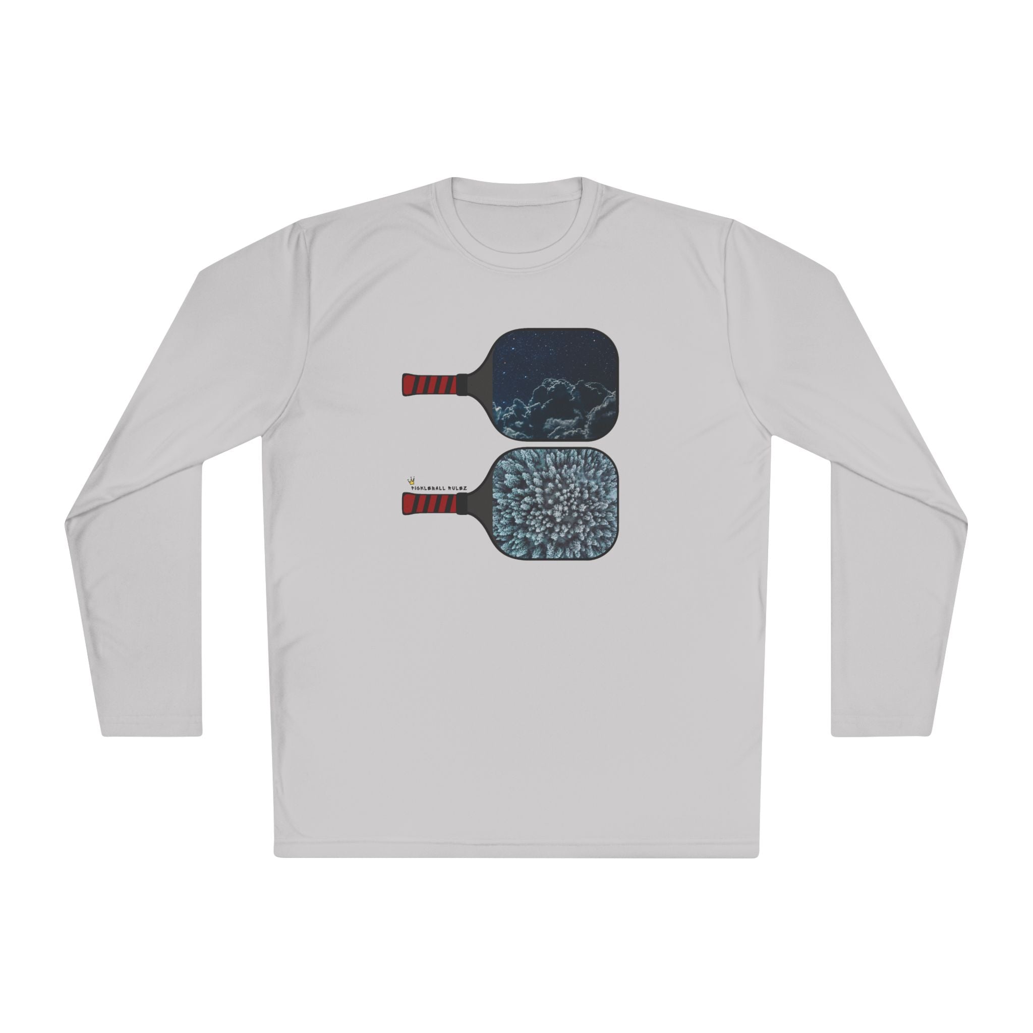 White long-sleeve shirt with pickleball paddle design on a white background