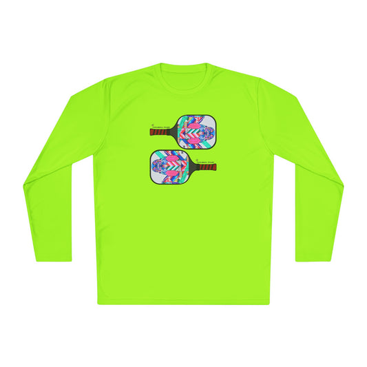 Neon green long-sleeve shirt with pickleball paddle design on a white background
