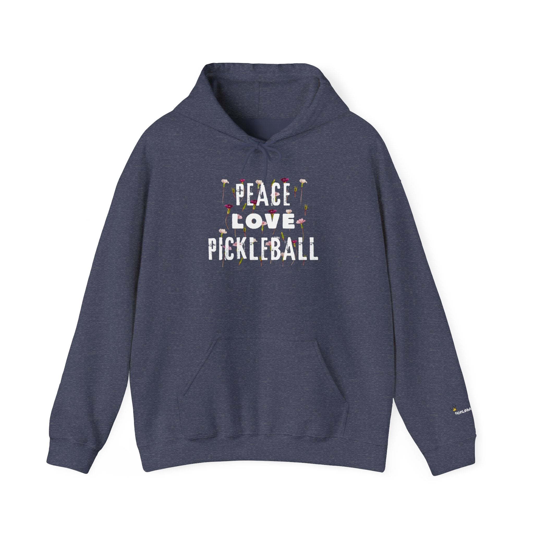 Navy blue hoodie with 'Peace Love Pickleball' text on a white background