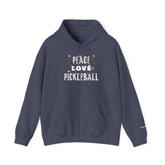 Navy blue hoodie with 'Peace Love Pickleball' text on a white background