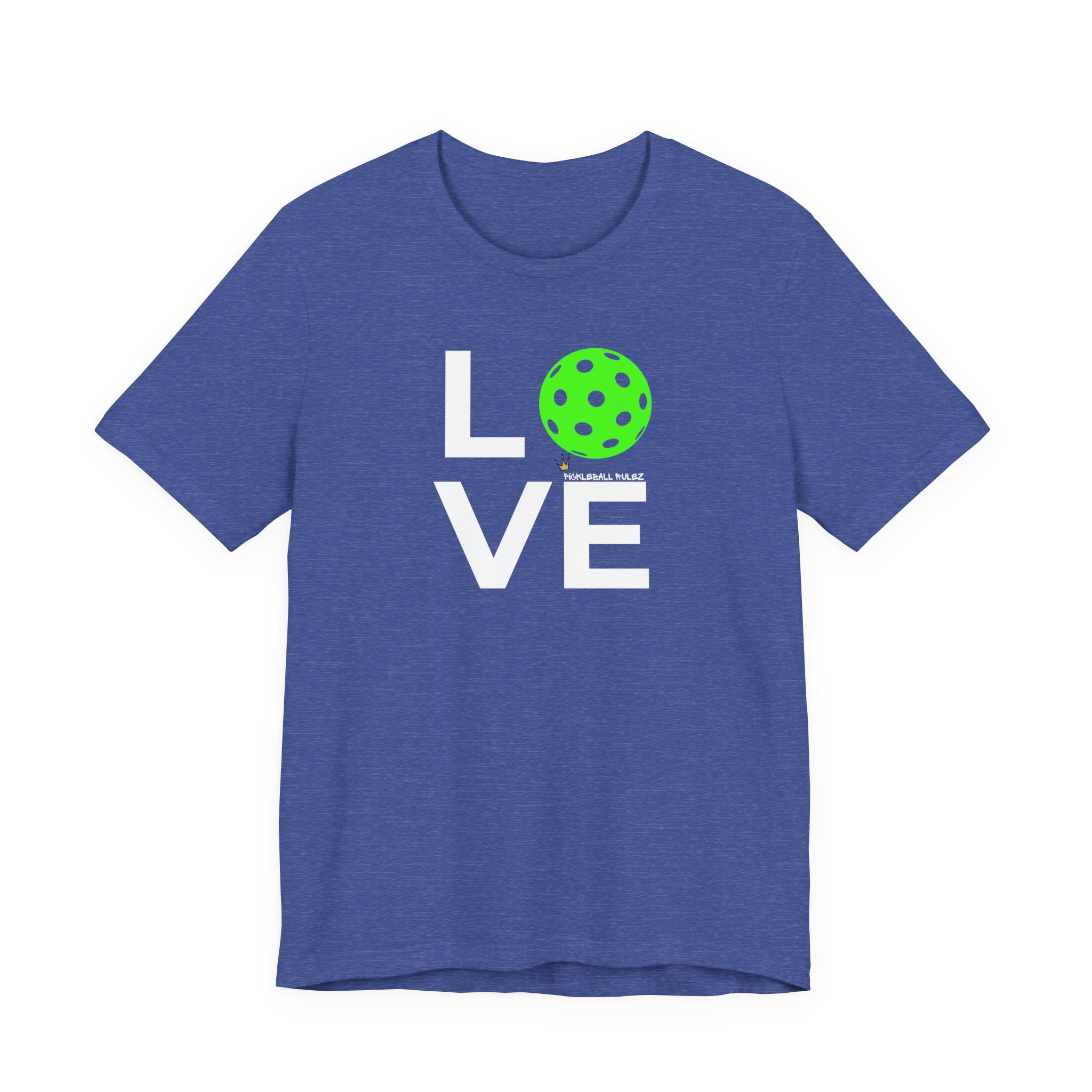 Blue t-shirt with 'LOVE' and a green pickleball ball graphic on a white background