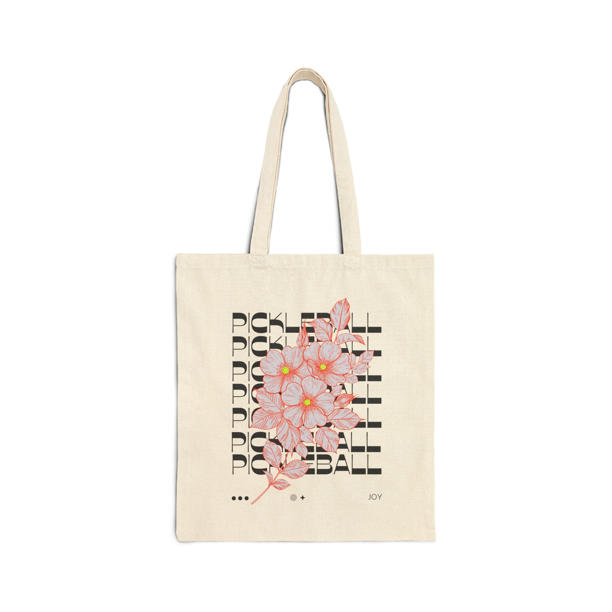 Tote bag with floral design and text on a white background