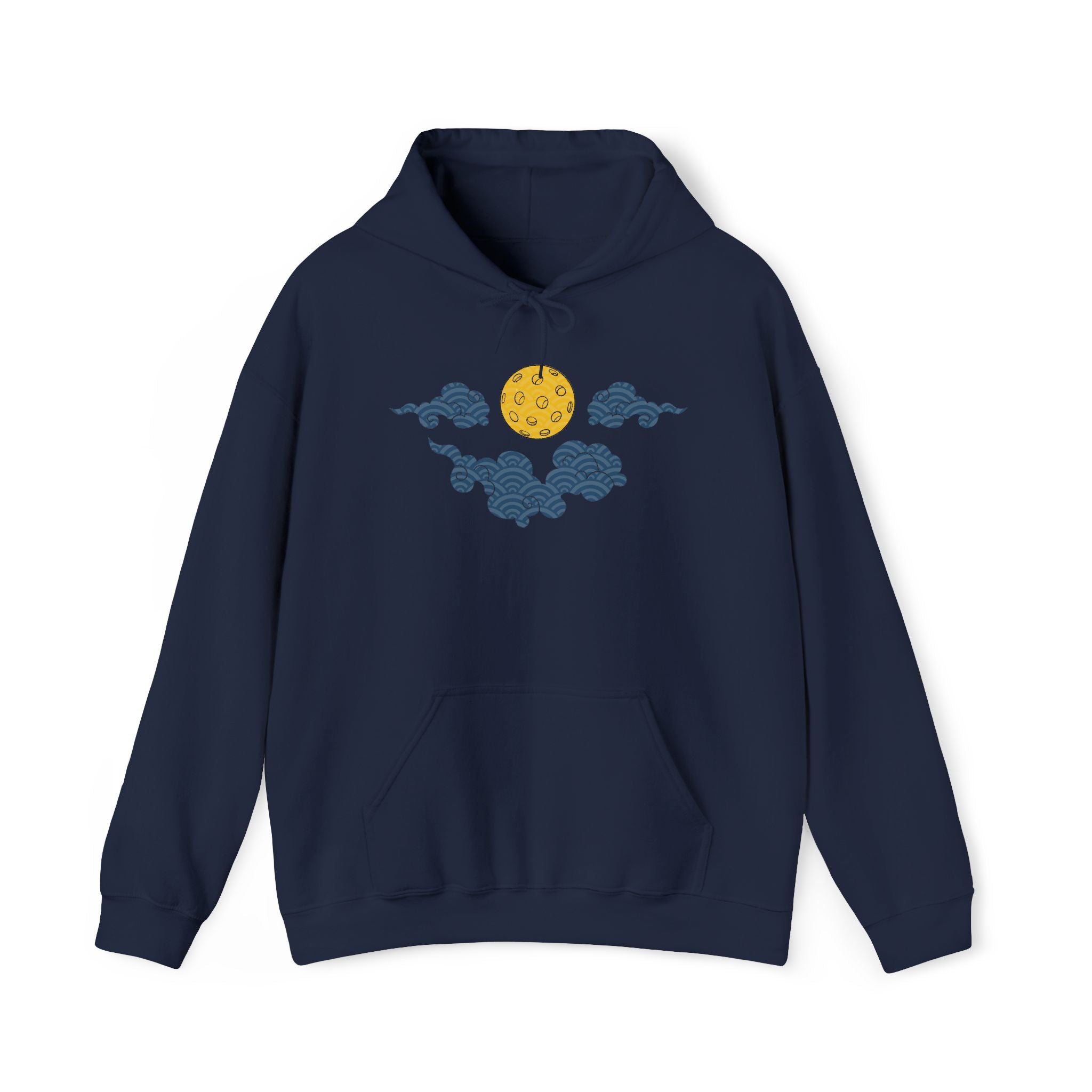 Navy blue hoodie with a yellow moon and blue cloud design on a white background