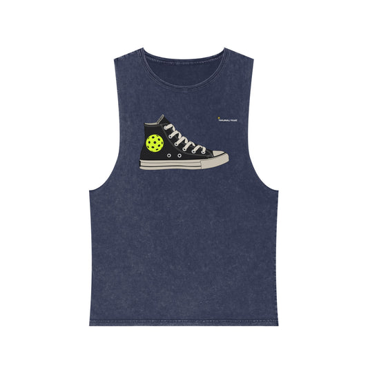 Blue sleeveless shirt with a graphic of a sneaker on a white background