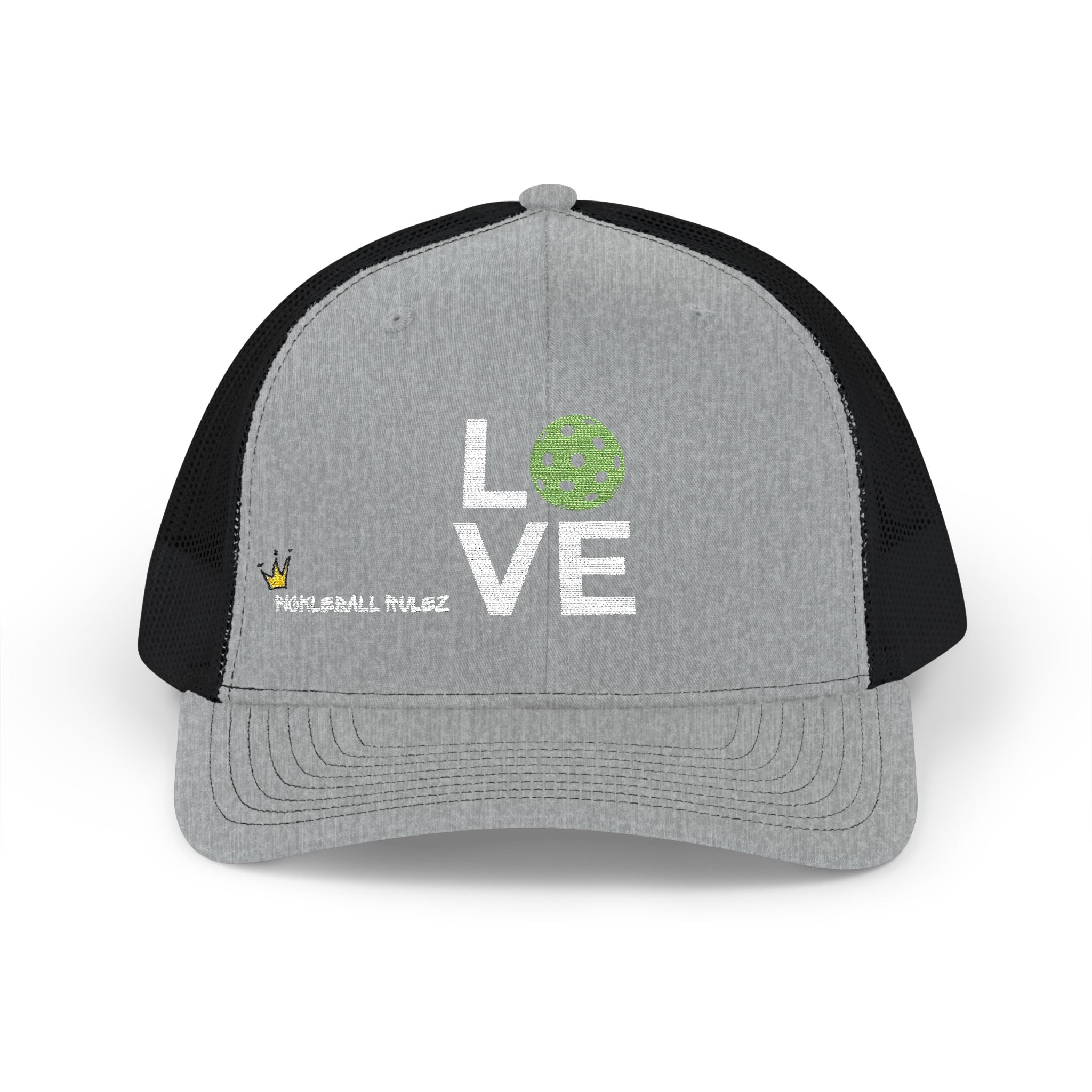 Gray and black cap with 'LOVE' and pickleball logo on a white background