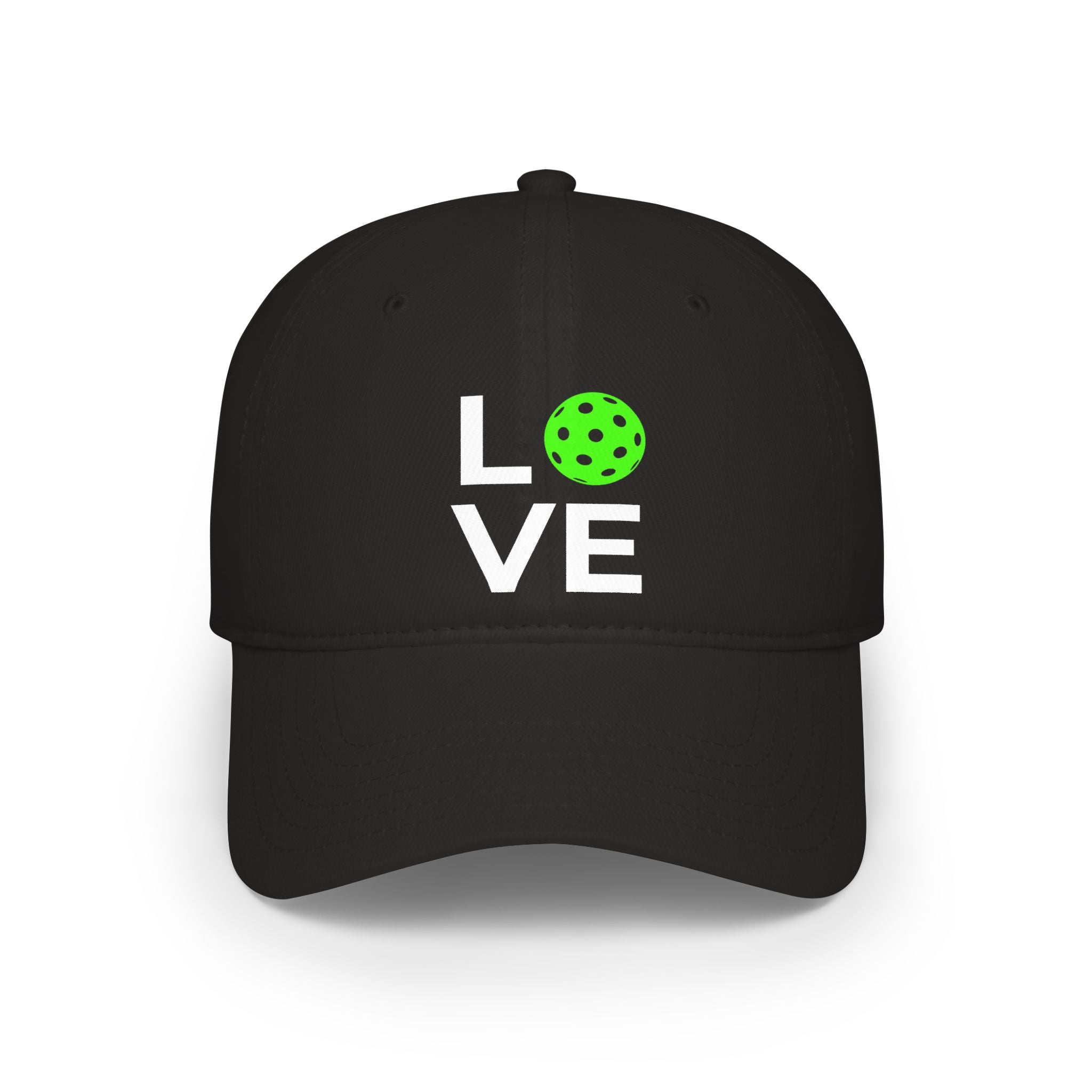 Black cap with 'LOVE' and a green pickleball ball design on a white background