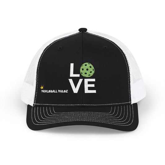 Black and white cap with 'LOVE' and pickleball design on a white background