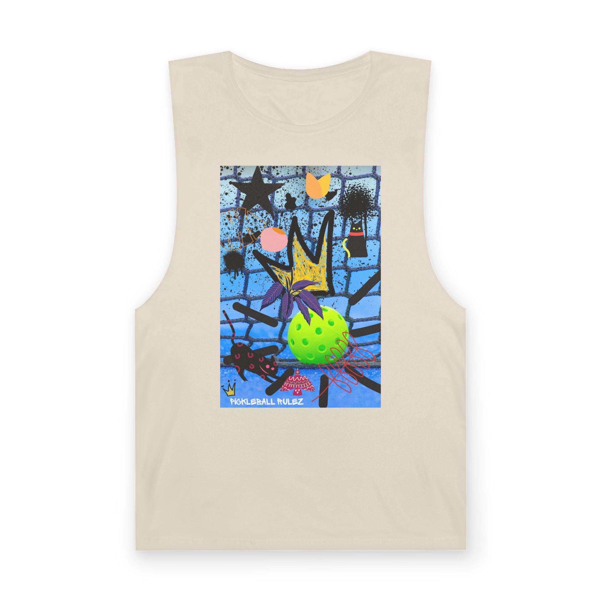 Beige tank top with a colorful graphic design on a white background